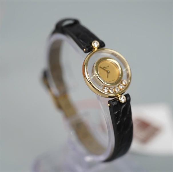 Đồng hồ Chopard dây đen mặt tròn viền vàng (4100) (HC) KG+