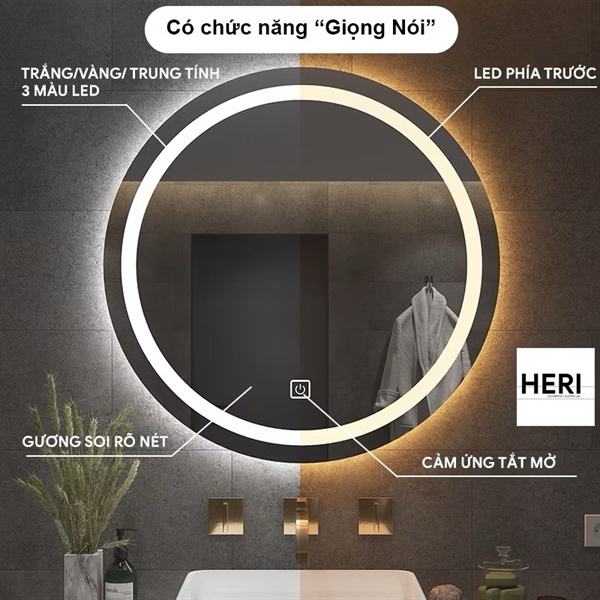 ￼Gương Tròn Treo Tường Có Đèn LED 3 màu, Gương Treo Bàn Trang Điểm, Nhà Tắm, Nút Cảm Ứng tắt mở, đường kính 50cm, Chức năng giọng nói