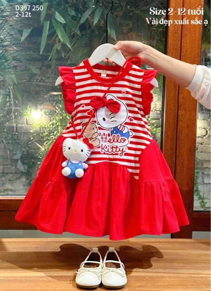 D397 Đầm Kitty sọc tà đỏ