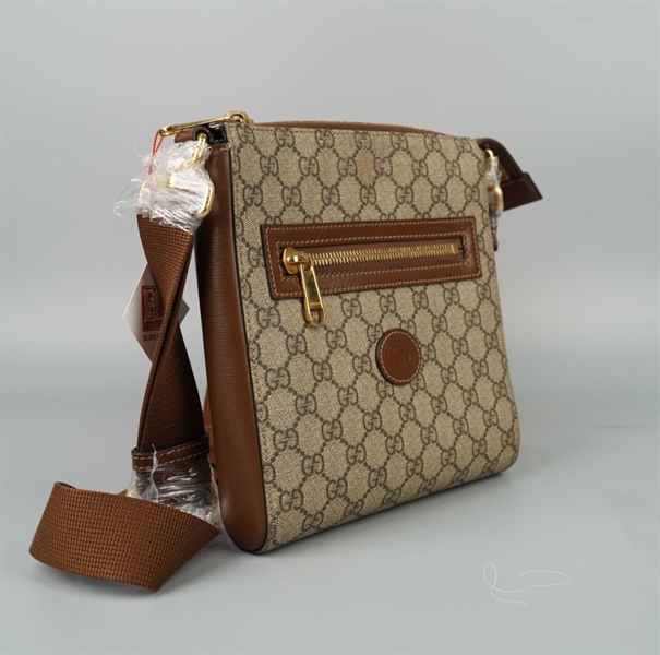 Túi GG đeo chéo xám viền nâu (681021520981) sz21 (BQ) KG+
