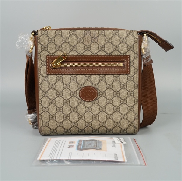Túi GG đeo chéo xám viền nâu (681021520981) sz21 (BQ) KG+