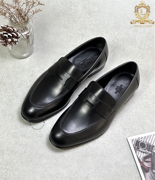 Loafer Hermes Paris đen trơn H phay đen