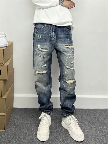 Jean Dài QCCC- Suông dáng rộng 9090 xanh rách mạng thêu