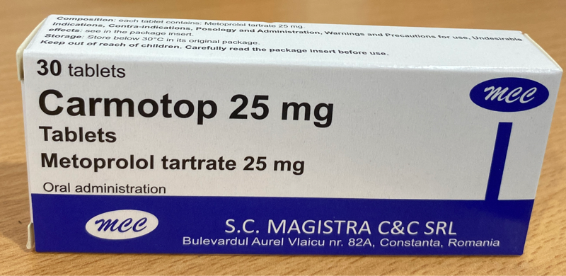 Carmotop 25mg (Metoprolol) (Hộp 3 vỉ x 10 viên) - Romania