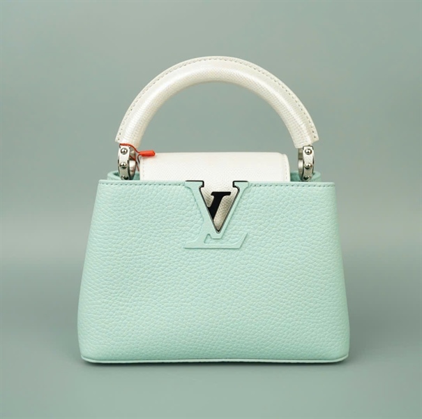 Túi LV Capu xanh quai và nắp da trăn trắng bạc sz20 KG+