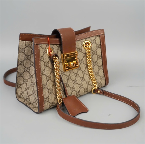 Túi GG padlock xám viền nâu kèm chìa (498156204991) sz24 KG+