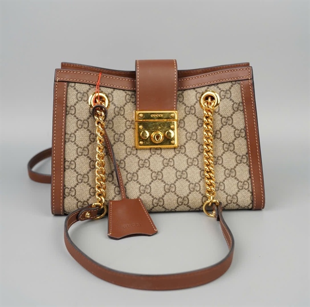 Túi GG padlock xám viền nâu kèm chìa (498156204991) sz24 KG+