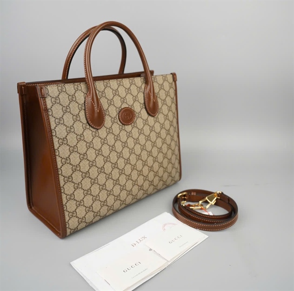 Túi GG tote màu xám viền nâu 659983520981 sz31 KG+