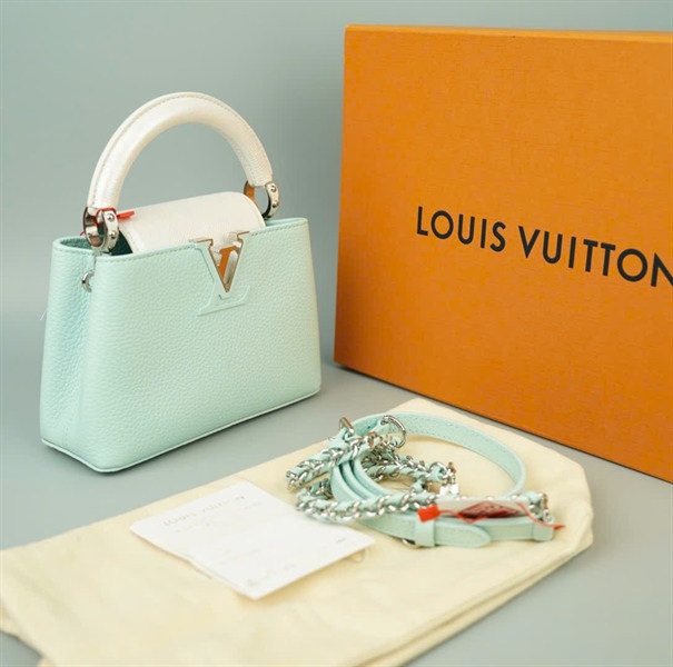 Túi LV Capu xanh quai và nắp da trăn trắng bạc sz20 KG+