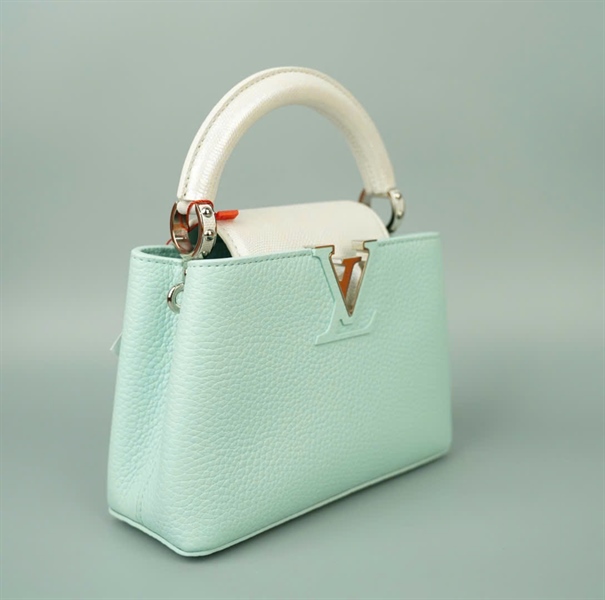 Túi LV Capu xanh quai và nắp da trăn trắng bạc sz20 KG+