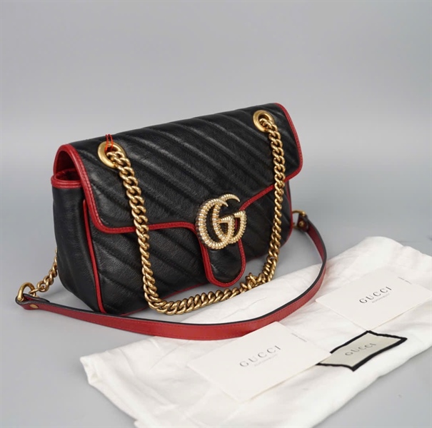 Túi GG Marmont đen viền đỏ (520981) sz25 (BMC) KG+