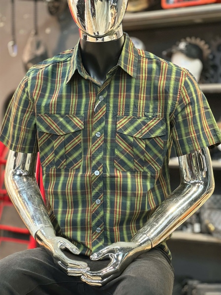 SM tay ngắn THREE-25 xanh lá đen sọc mịn