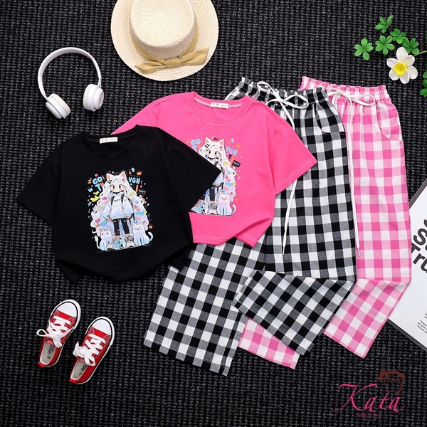 BG QUẦN CARO SUÔNG ÁO IN CÔ GÁI MÈO SIZE 4-14,R6
