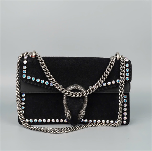 Túi GG Dionysus đen viền đính đá (493075) sz27 (BQ) KG+