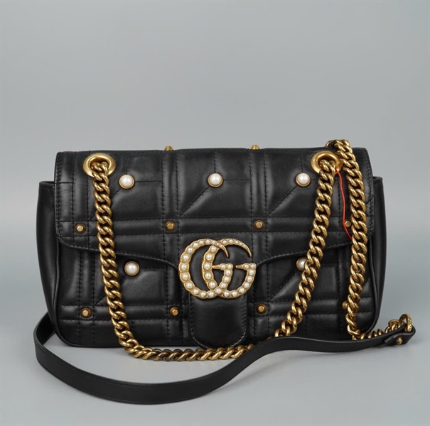 Túi GG đen đính ngọc (498879) sz25 (BQ) KG+