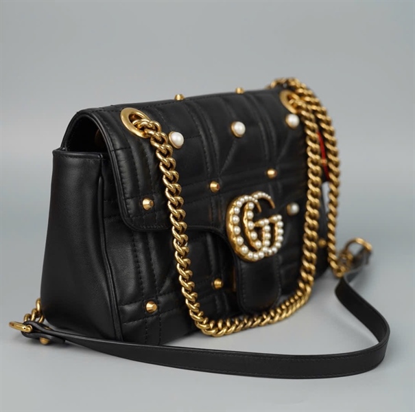 Túi GG đen đính ngọc (498879) sz25 (BQ) KG+