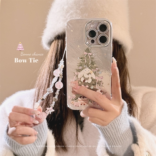 Case Bạc Thỏ Trắng Nơ Hồng + Dây - 11