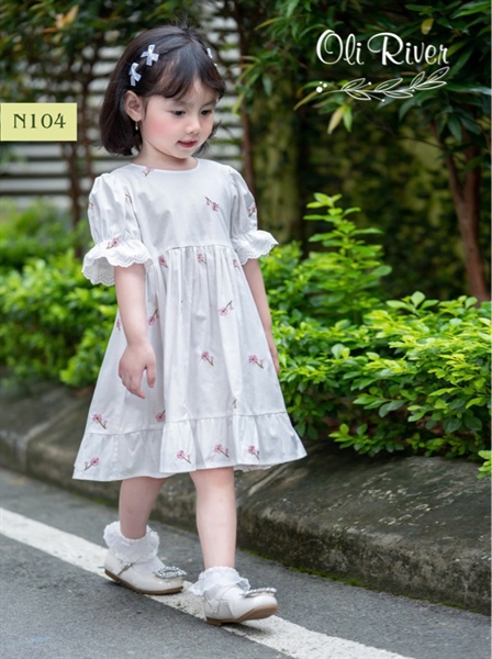 Đầm bé gái thiết kế thêu hoa nổi bo tay viền ren bèo trắng