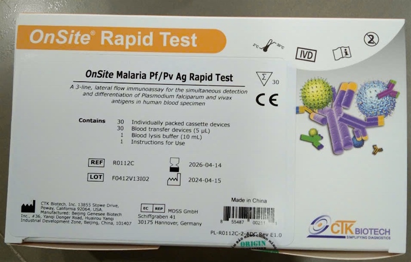 Định tính phát hiện đồng thời và phân biệt các chủng ký sinh trùng gây bệnh sốt rét P.falciparum và/hoặc P.vivax trong máu toàn phần của người (Onsite Malaria Pf/Pv Ag Rapid Test ) (Hộp 30 test)