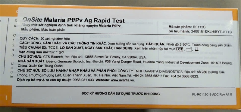 Định tính phát hiện đồng thời và phân biệt các chủng ký sinh trùng gây bệnh sốt rét P.falciparum và/hoặc P.vivax trong máu toàn phần của người (Onsite Malaria Pf/Pv Ag Rapid Test ) (Hộp 30 test) 2