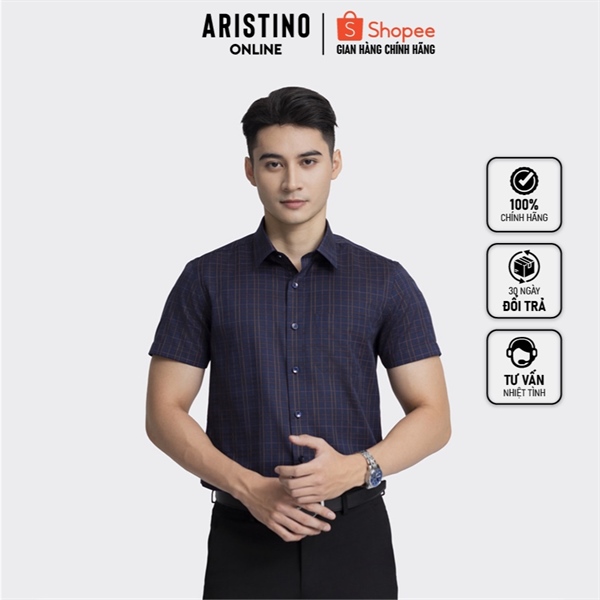 Áo sơ mi ngắn tay Aristino B dáng regular fit 1SS047S3 màu xanh than kẻ cam