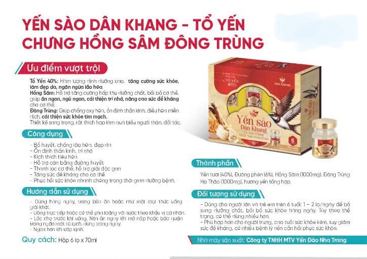 Yến sào Dân khang - Tổ yến chưng Hồng sâm đông trùng (Hộp 6 lọ x 70ml) - Dân Khang