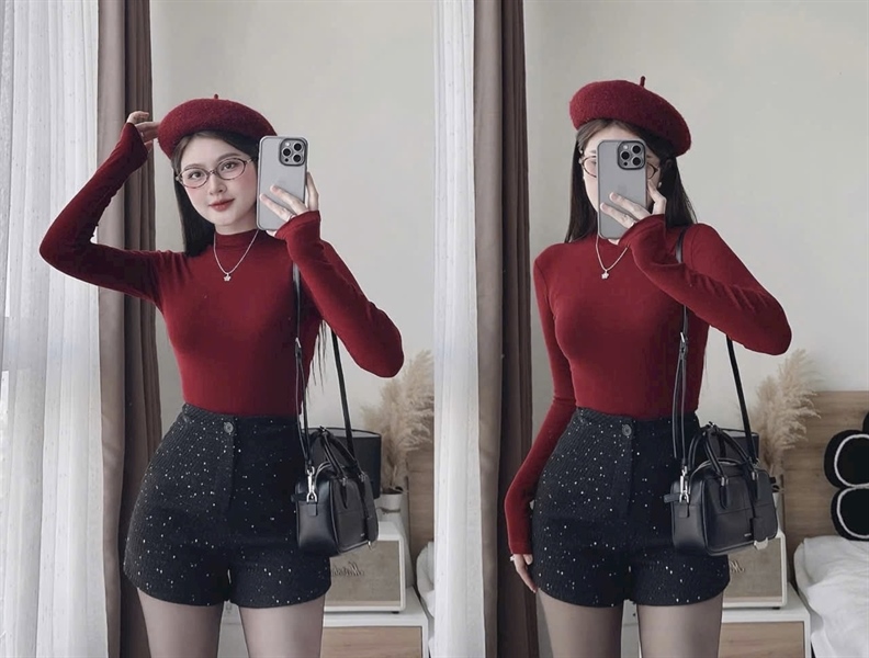 Set nữ thiết kế áo thun tay dài phối quần short dạ lưng cao