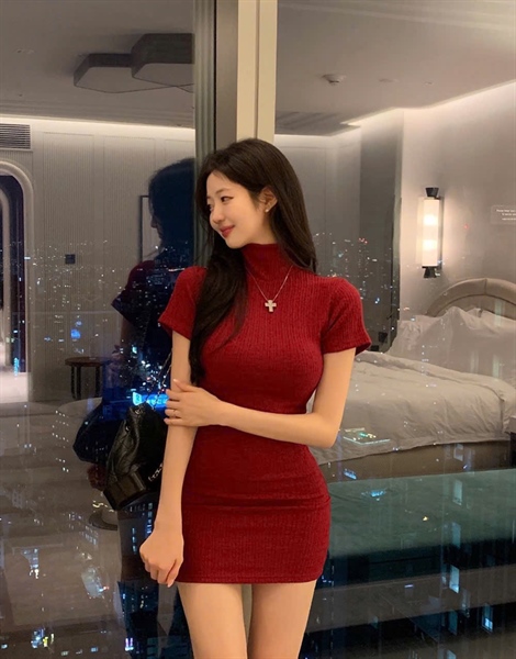 Đầm body nữ thiết kế cổ lọ len gân tay ngắn