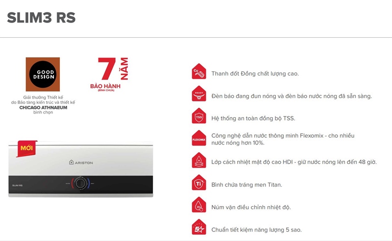 Bình nóng lạnh Ariston 30lit Slim