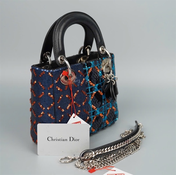 Túi Dior Lady xanh đính cườm (04-MA-0145) szmini (HC)+