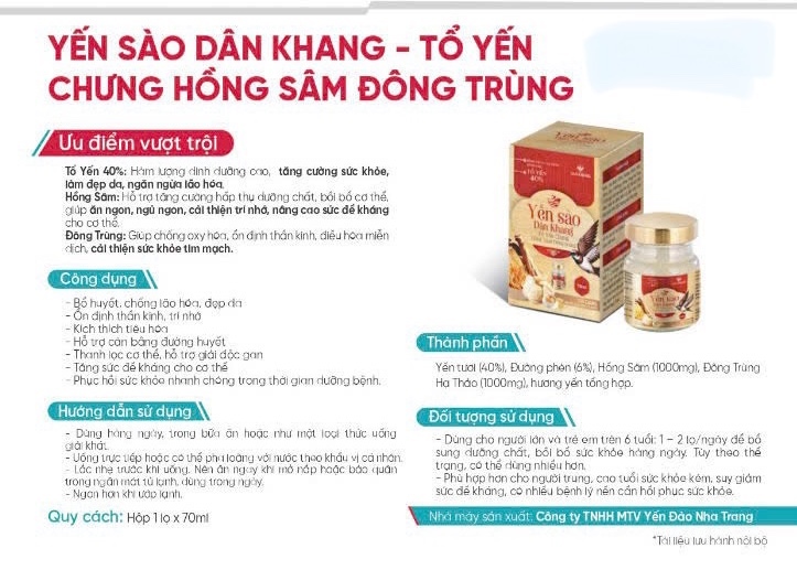 Yến sào Dân khang - Tổ yến chưng Hồng sâm đông trùng (Hộp 1 lọ x 70ml) - Dân Khang