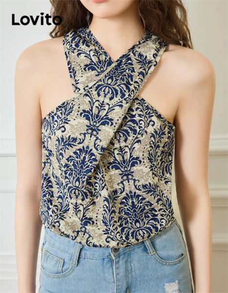 LOVITO Áo sát nách cổ đan chéo họa tiết đan chéo phong cách Boho