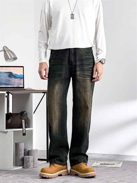 Jean Dài QCCC-9137 suông cotton k giản ống rộng to đen was đồng