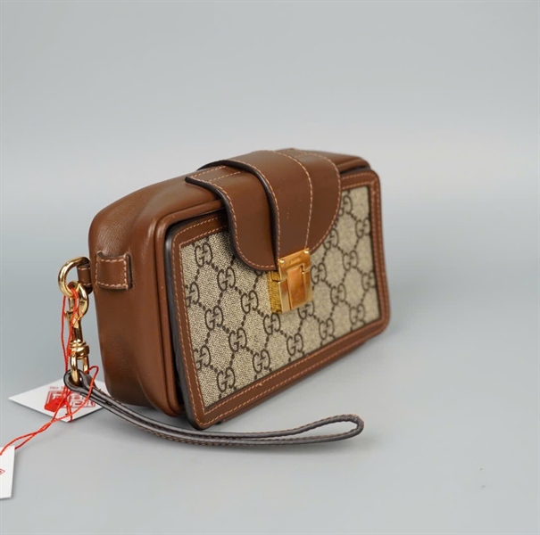 Túi GG clutch xám viền nâu (6143680415) 2strap sz18 KG+