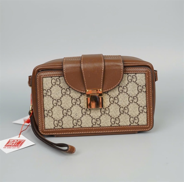 Túi GG clutch xám viền nâu (6143680415) 2strap sz18 KG+