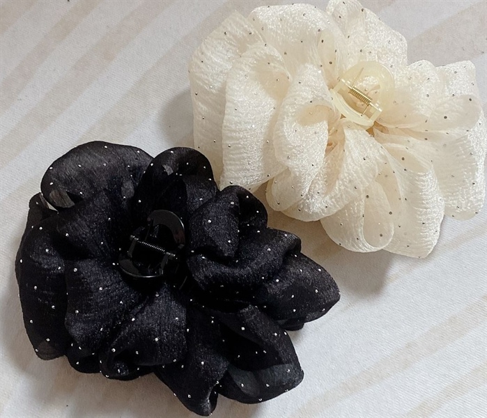 Kẹp ngoàm nơ dọc xếp nhiều tầng, bản to chấm bi hạt bé, đen - be, SP1238