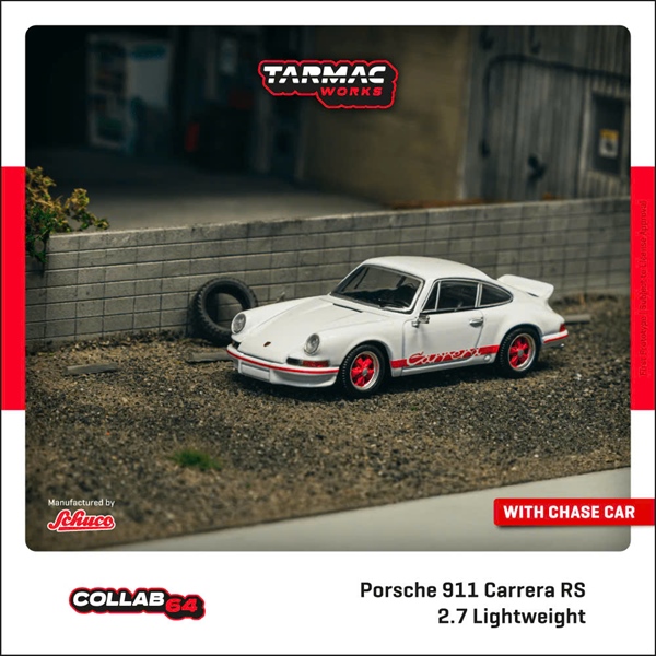 ( Pre Order Q2/2025) Tarmac Works Porsche 911 Carrera RS 2.7 Lightweight, White/Red (#T64S-023-WR)