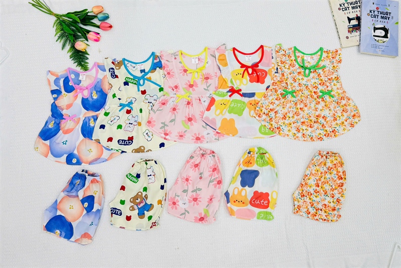 Combo 5 bộ tole lanh- Cánh tiên quần đùi 2 nơ viền trên eo cho bé gái TH
