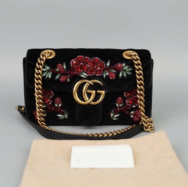 Túi GG marmont đen đính hoa sz21 KG+