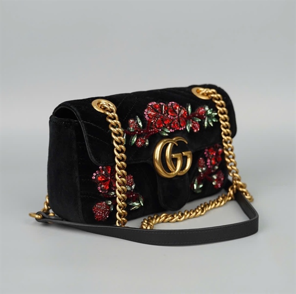 Túi GG marmont đen đính hoa sz21 KG+