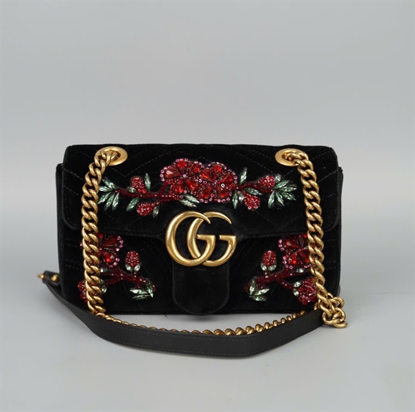 Túi GG marmont đen đính hoa sz21 KG+