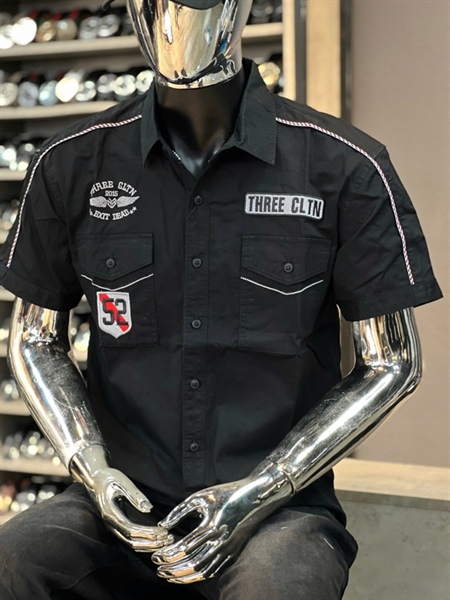 SM tay ngắn-THREE CLTN - viền may lé sọc thêu logo 52-ĐEN