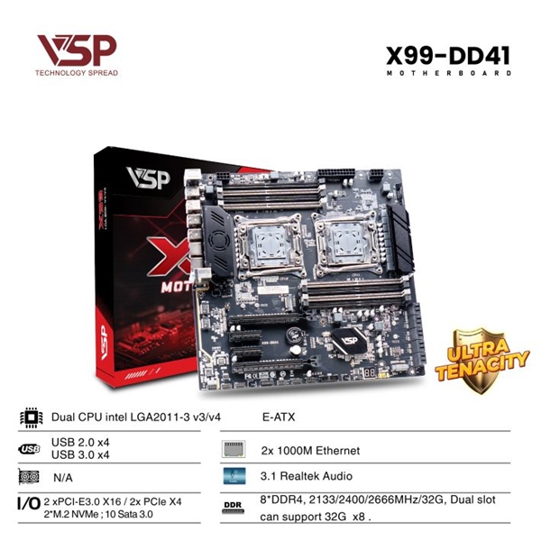 MAINBOARD VSP X99-DD41 (Dual CPU, Intel LGA2011-V3/V4, DDR4 ECC 2666/2400/2133MHz, E-ATX)