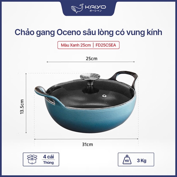 Chảo gang Oceno sâu lòng CÓ VUNG kính màu xanh 25cm FD25CBLUE OSP-1327 (T4)