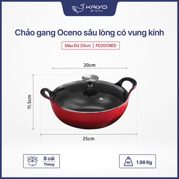 Chảo gang Oceno sâu lòng CÓ VUNG kính màu đỏ 20cm OSP-1297 (T8)