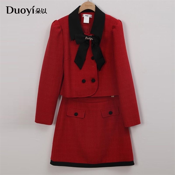 Set bộ nữ Duoyi áo cổ nơ đen chân váy zip