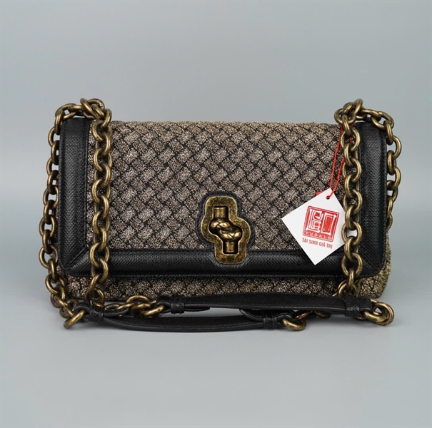Túi Bottega xám ánh kim viền đen sz26 KG+