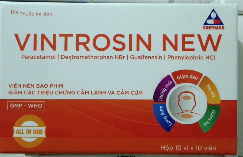 Vintrosin New (Paracetamol, Dextromethorphan HBr, Guaifenesin, Phenylephrin HCl) (Hộp 10 vỉ x 10 viên) - Vĩnh Phúc