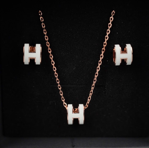 Set nữ trang Hermes bông tai + dây chuyền chữ H trắng (A-T) KG+