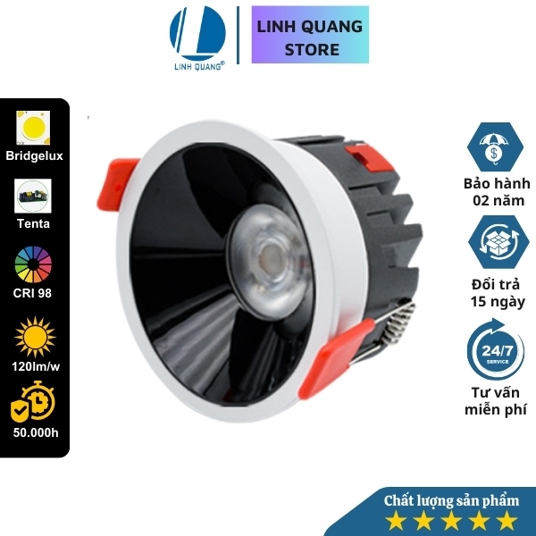Đèn Led âm trần downlight SM3, lỗ khoét 75mm, vỏ trắng chóa đen bóng